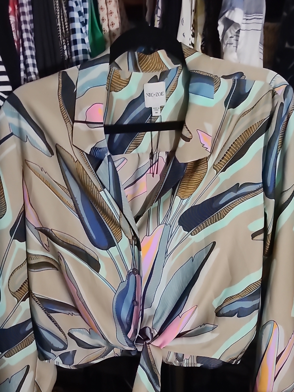 Nic+Zoe Beige Botanical Print Tie-Front Blouse - Multi